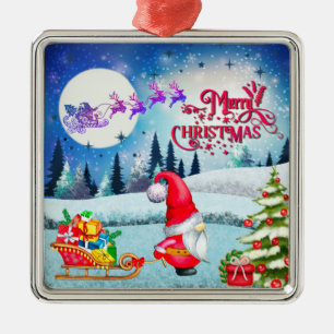 Snowy Kerstmis Gnome en Santa's slee geschenken Metalen Ornament