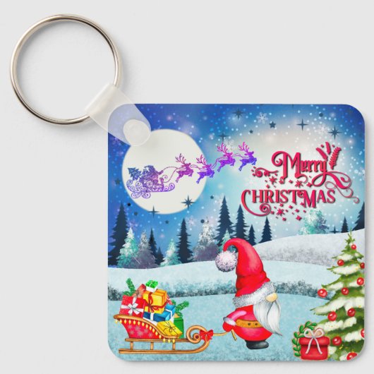 Snowy Kerstmis Gnome en Santa's slee geschenken Sleutelhanger (Voorkant)