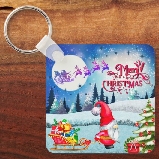 Snowy Kerstmis Gnome en Santa's slee geschenken Sleutelhanger (Voorkant)