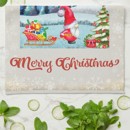 Snowy Kerstmis Gnome en Santa's slee geschenken Theedoek (Gevouwen)