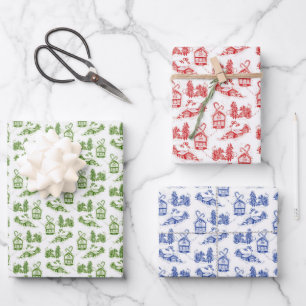 Snowy Kerstteile   blauw groen en rood Inpakpapier Vel