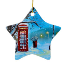 Snowy London winter koppel red umbrella