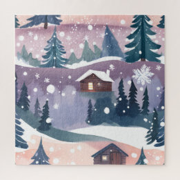 Snowy Mountain Cabin Waterverf Legpuzzel