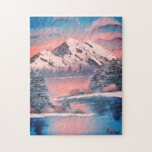 Snowy Mountain Lake bij Sunset Painting Legpuzzel