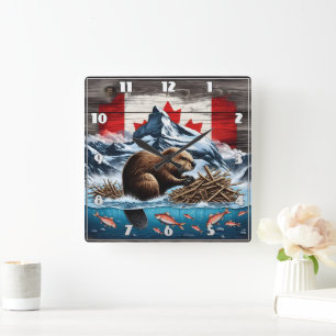 Snowy Mountain, Ocean, Canadese Bever Vierkante Klok
