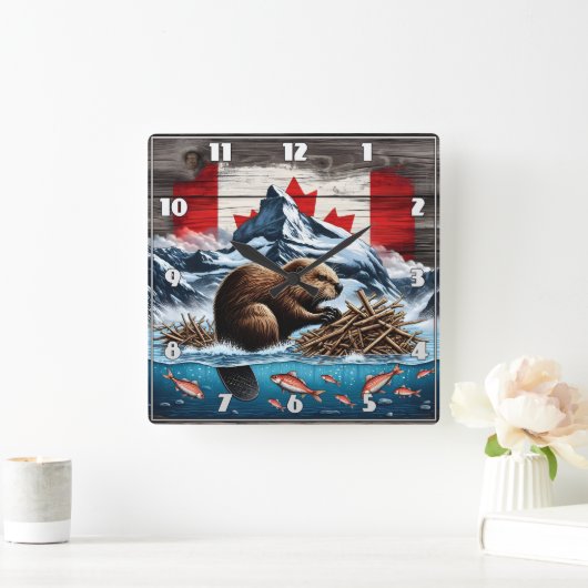 Snowy Mountain, Ocean, Canadese Bever Vierkante Klok (Huis)
