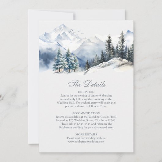 Snowy Mountain & Pine Trees Mariage Détails Carte (Devant)