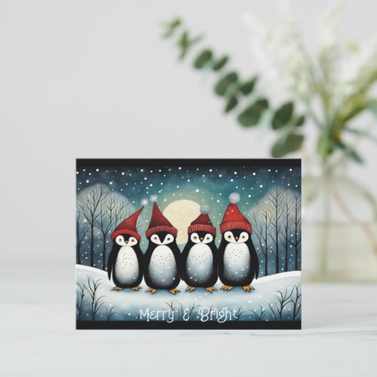 Snowy Mountain Winter Kerstman Pinguïn Kerstmis Feestdagenkaart (Staand voorkant)