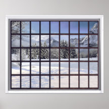 Snowy Mountains Faux Winter Scene Window