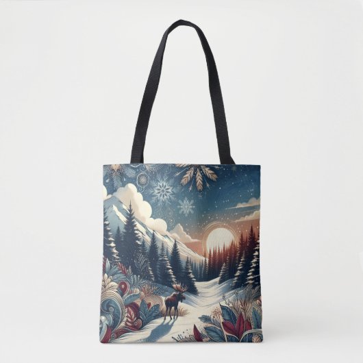 Snowy Night Moose Forest Mountains Boho Pattern Draagtas (Voorkant)