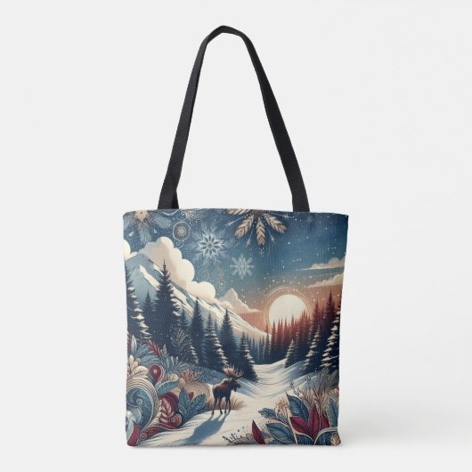Snowy Night Moose Forest Mountains Boho Pattern Draagtas (Achterkant)