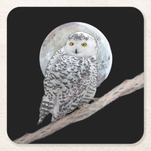 Snowy Owl and Moon Painting - Originele vogelkunst Vierkante Kartonnen Onderzetter