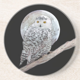 Snowy Owl and Moon Painting - Originele vogelkunst Zandsteen Onderzetter