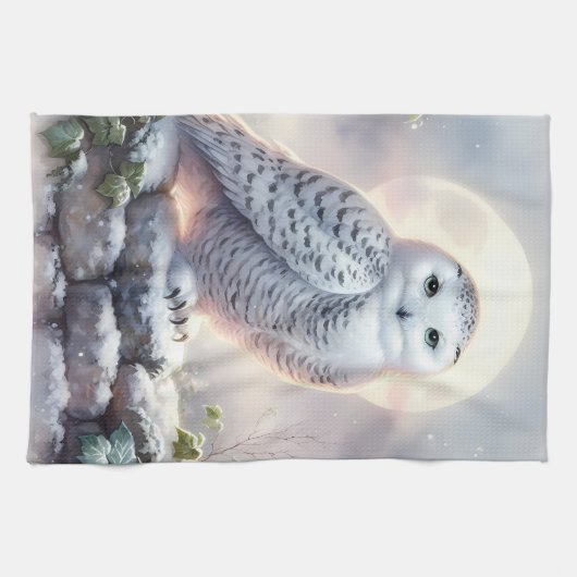Snowy Owl in Moonlit Winter Garden Theedoek (Horizontaal)