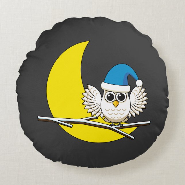 Snowy Owl in New Moon Winter Night Rond Kussen (Voorkant)