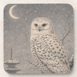 Snowy Owl Plastic Coaster, Japanese Moon Pagoda De Bier Onderzetter