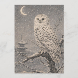 Snowy Owl Postcard, Japanese Pagoda Moon Scene Kaart