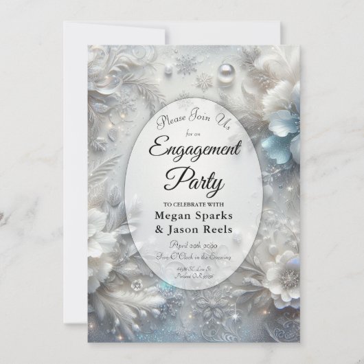 Snowy Petals in Frozen Bloom Engagement Party Kaart (Voorkant)
