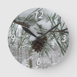Snowy Pine Branch Winter Natuur Ronde Klok