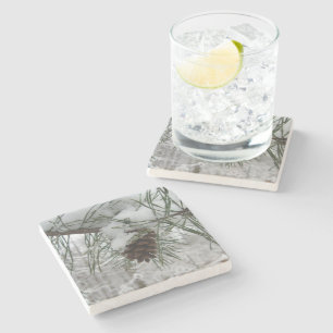 Snowy Pine Branch Winter Natuur Stenen Onderzetter