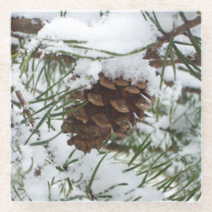 Snowy Pine Cone I Winter Natuur Foto Glazen Onderzetter