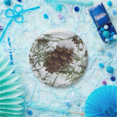 Snowy Pine Cone I Winter Natuur Foto Papieren Bordje (Feest)