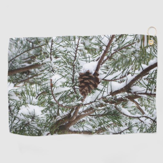 Snowy Pine Cone II Winter Natuur Fotografie Golfhanddoek (Horizontaal)