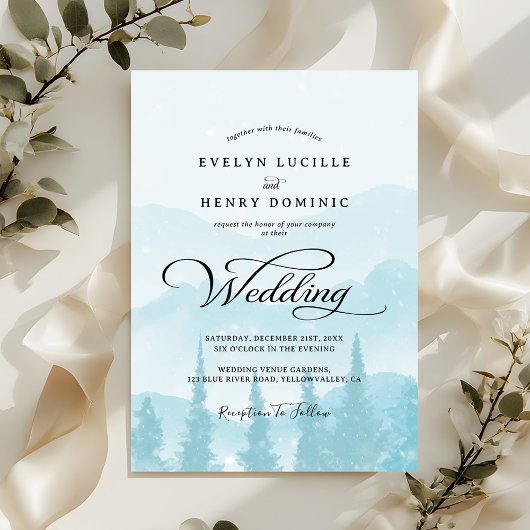 Snowy Pine Forest Mountains Winter Wedding Kaart