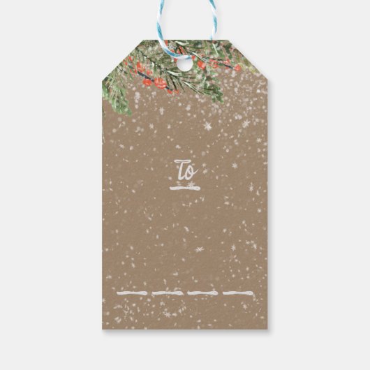 Snowy Pine & Ilex Berries, droog en helder schrijv Cadeaulabel (Achterkant)