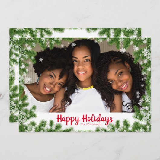 Snowy Pine Needles Happy Holiday Photo Card Feestdagenkaart (Voorkant / Achterkant)