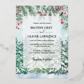 Snowy Pine Tree Forest Waterverf thema bruiloft Folie Uitnodiging (Voorkant)