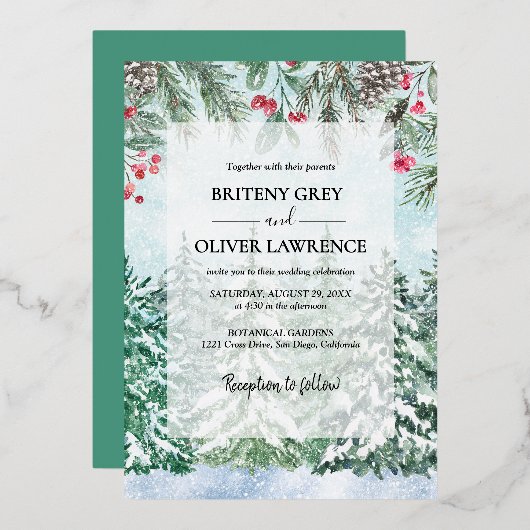 Snowy Pine Tree Forest Waterverf thema bruiloft Folie Uitnodiging (Voorkant / Achterkant)