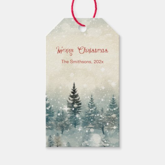 Snowy Pine Trees Christmas Cadeaulabel (Voorkant)