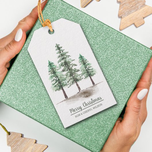 Snowy Pine Trees Kerstmis Cadeaulabel