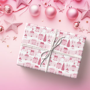 Snowy Pink Christmas Village Cadeaupapier