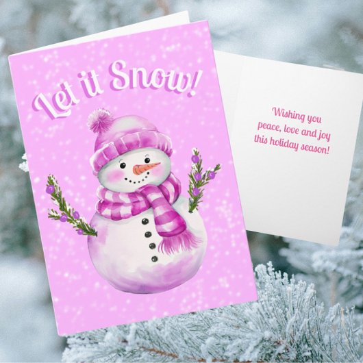 Snowy Pink White Snowman Personalized Kaart
