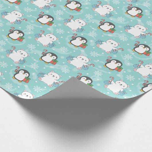 Snowy Polar Bears & Penguins Wrapping Paper | Cute Cadeaupapier (Hoek)