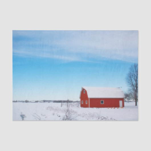 Snowy Red Barn Under a Crystal Blue Sky Tissuepapier (Voorkant)