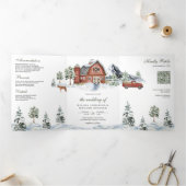 Snowy Red Barn Winter Kerstmis QR Code Weddenschap Drieluik Uitnodiging (Binnen)