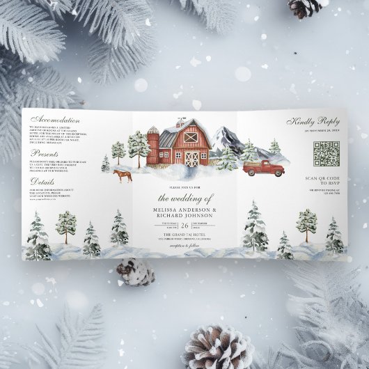 Snowy Red Barn Winter Kerstmis QR Code Weddenschap Drieluik Uitnodiging
