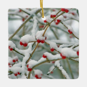 Snowy Red Berries Winter Scene Keramisch Ornament