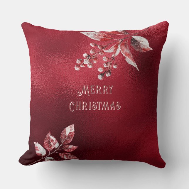 Snowy Red Leaves Christmas Holiday Throw Pillow Kussen (Voorkant)