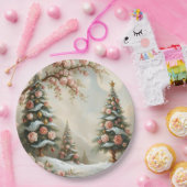 Snowy Scene with Christmas Trees and Pink Roses Papieren Bordje (Feest)