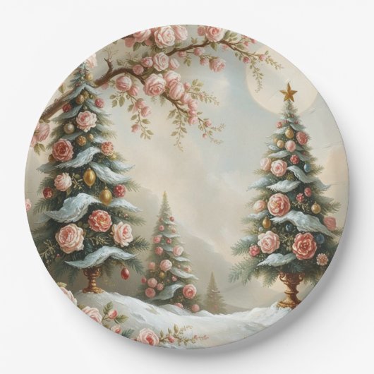 Snowy Scene with Christmas Trees and Pink Roses Papieren Bordje (Voorkant)