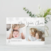 Snowy Script | 2 Foto Happy New Year Holiday Kaart (Staand voorkant)