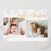 Snowy Script | 2 Kerstfeest met foto's Folie Feestdagenkaart (Voorkant)