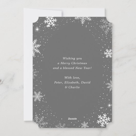 Snowy Silver Foil Photo Merry kerstkaarten Feestdagenkaart (Achterkant)