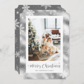 Snowy Silver Foil Photo Merry kerstkaarten Feestdagenkaart (Voorkant / Achterkant)