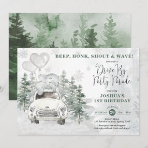 Snowy Silver Winter Elephant Drive voor Verjaardag Kaart