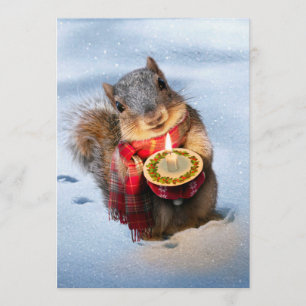 Snowy Squirrel Holding Candle Kaart